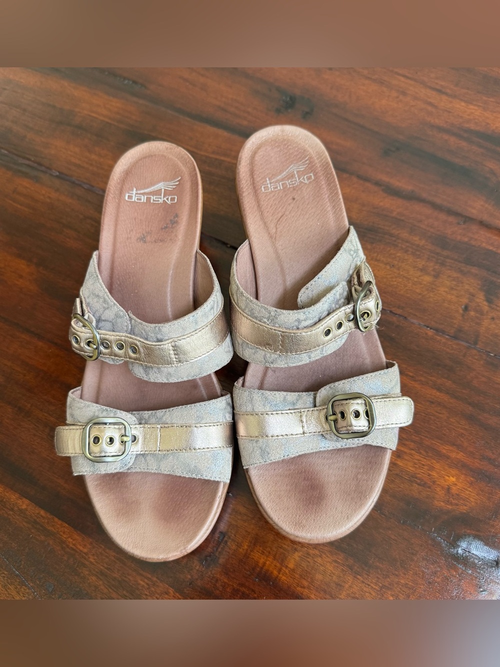 Dansko Jessie Taupe Marble/Gold Leather Suede Women’s Sandal Sz 40/US 9.5